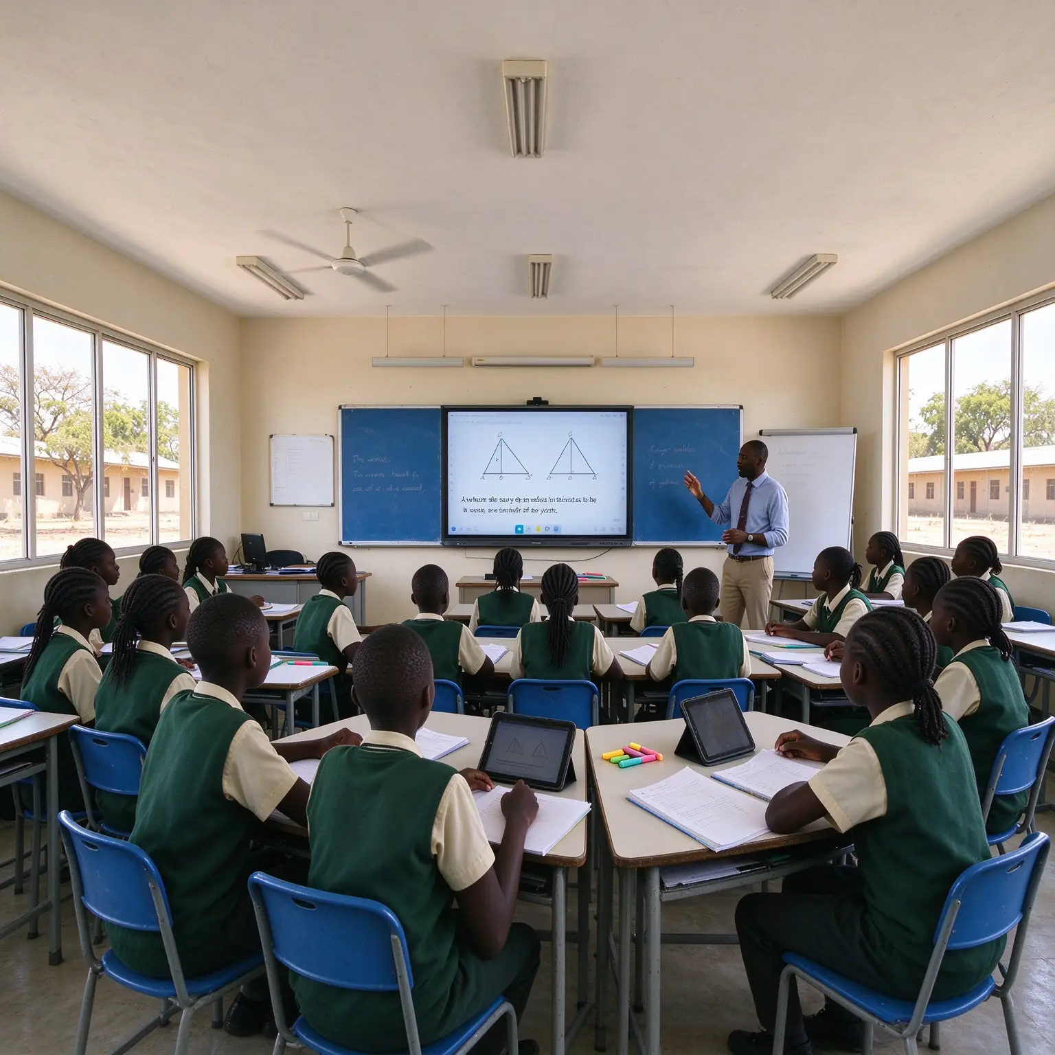 modern african classroom teacher teaching math on interactive whiteboard students in green school uniform